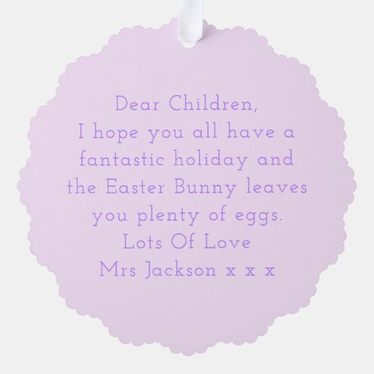 薄紫バニーとピンクのイースターエッグ幼稚園 オーナメントカード (裏面)