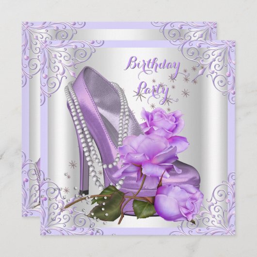 薄紫バラハイヒールレースパールスバースデーパーティー 招待状 (正面/裏面)