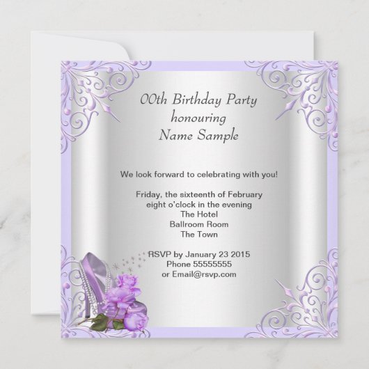 薄紫バラハイヒールレースパールスバースデーパーティー 招待状 (裏面)