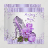 薄紫バラハイヒールレース真珠バースデーパーティー2 招待状 (正面/裏面)