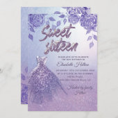 薄紫バラロマンチックグリッタードレススウィート16 招待状 (正面/裏面)