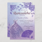 薄紫バラロマンチックグリッタードレスファンQuinceanera 招待状 (正面/裏面)