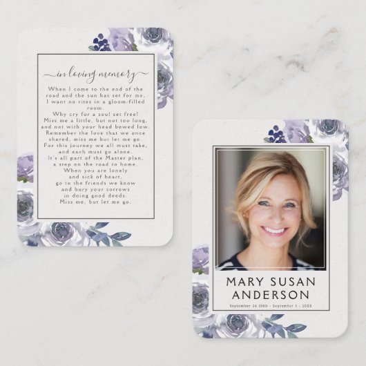 薄紫バラ写真葬儀記念詩カード 名刺 (正面/裏面)
