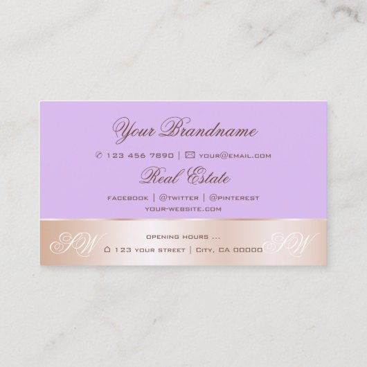 薄紫バラ金ゴールドデコールかわいい花とイニシャル 名刺 (裏面)