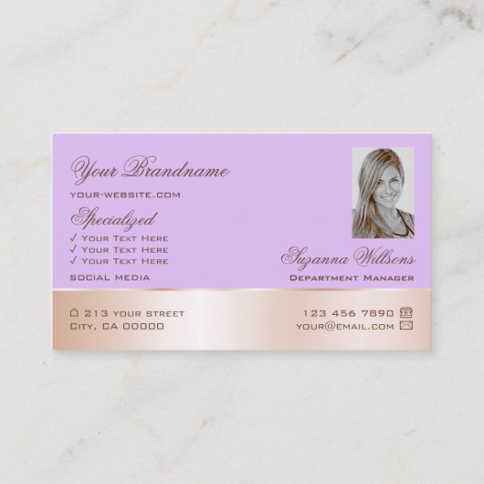 薄紫バラ金ゴールドデコールかわいい花とロゴ写真 名刺 (裏面)