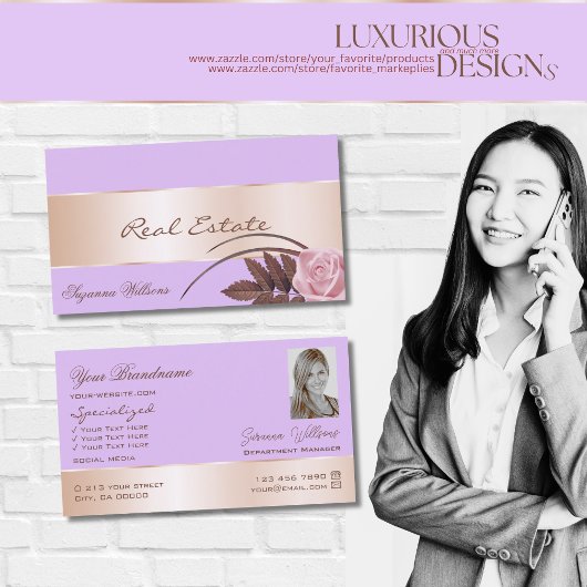 薄紫バラ金ゴールドデコールゴージャスな花と写真 名刺