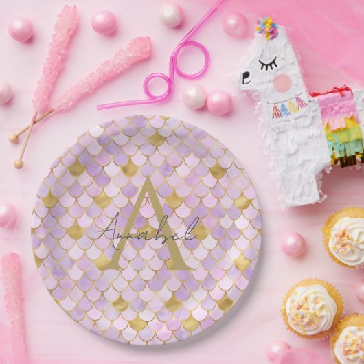 薄紫パーソナライズされたと金ゴールドマーメイドはかりで測 ペーパープレート (パーティー)