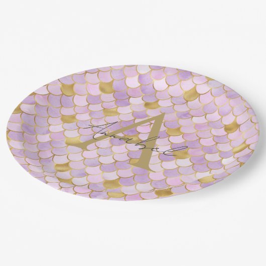 薄紫パーソナライズされたと金ゴールドマーメイドはかりで測 ペーパープレート (アングル)