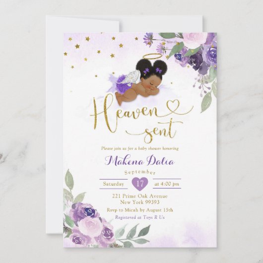 薄紫パープルアフロアフリカベビー天国送信シャワー 招待状 (正面)