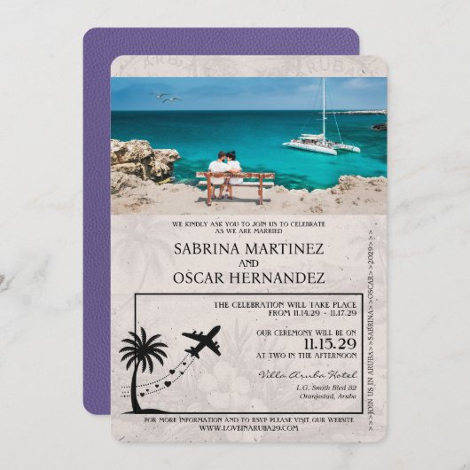 薄紫パープルアルバパスポート結婚式招待状 招待状 (正面/裏面)