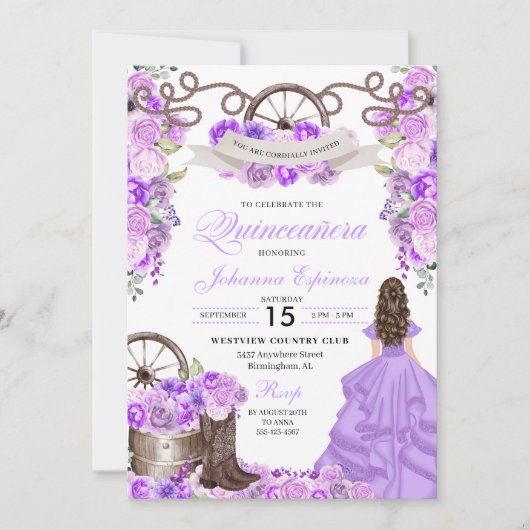 薄紫パープルウェスタンプリンセスランチェロキンセアニェラ 招待状 (正面)