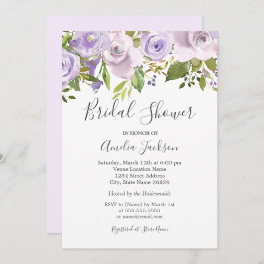 薄紫パープルウォーター色フローラブライダルシャワー 招待状 (正面/裏面)
