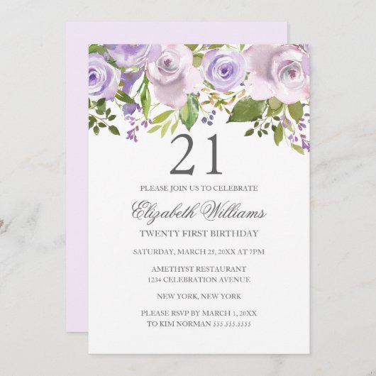 薄紫パープルウォーター色フローラ21歳の誕生日 招待状 (正面/裏面)