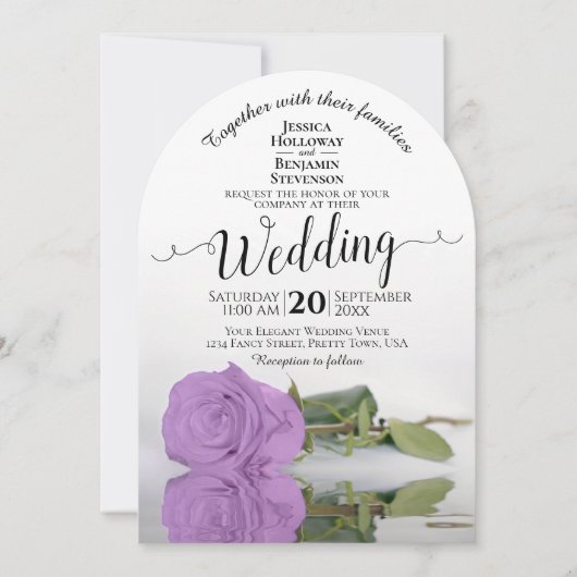 薄紫パープルエレガントバラ書道アー結婚チズ 招待状 (正面)