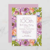 薄紫パープルオレンジブルーフローラ100誕生日 招待状 (正面/裏面)