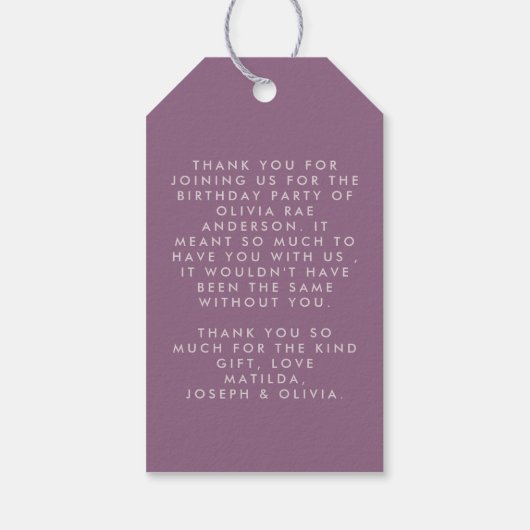 薄紫パープルグリッターエレガントなバースデーパーティーの装飾 ギフトタグ (裏面)