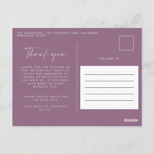薄紫パープルグリッターエレガントなバースデーパ感謝していーティ ポストカード (裏面)