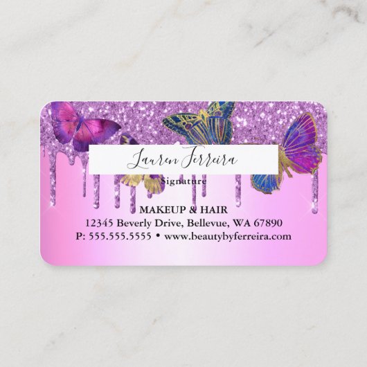 薄紫パープルグリッターバタフライフェイククレジットカード 名刺 (裏面)