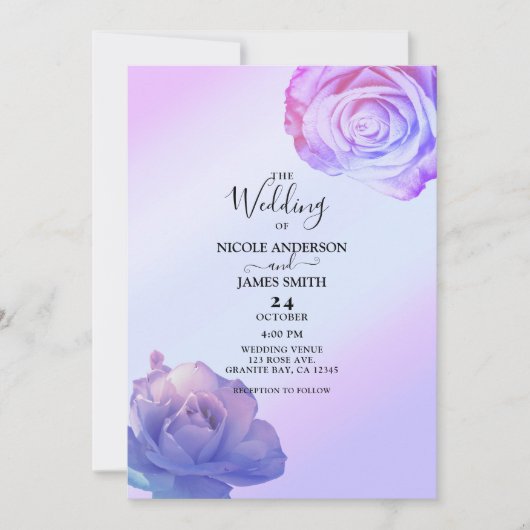 薄紫パープルグローバラエレガント結婚フローラ 招待状 (正面)