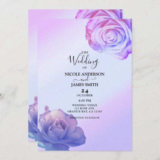 薄紫パープルグローバラエレガント結婚フローラ 招待状 (正面/裏面)