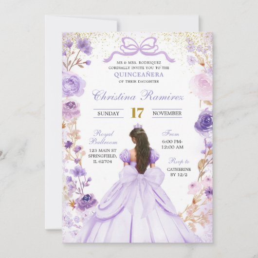 薄紫パープルコケットボウプリンセスキンセアニェラ 招待状 (正面)