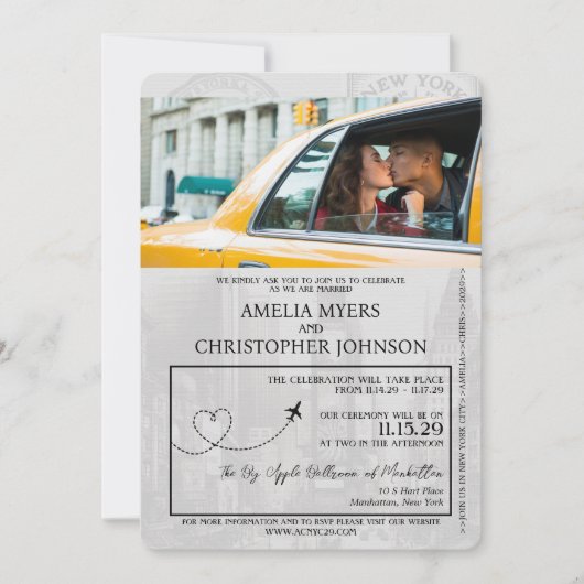 薄紫パープルニューヨークシティパスポ結婚ート 招待状 (正面)