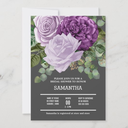 薄紫パープルバラフラワーきらめくシックフローラ開花 招待状 (正面)