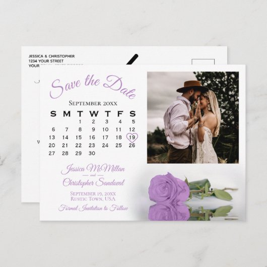 薄紫パープルバラ写真&カレンダー日付を保存 案内ポストカード (正面/裏面)
