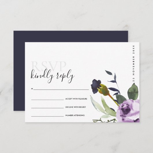 薄紫パープルバラ牡丹フローラバンチウェディングRSVP エンクロージャーカード (正面/裏面)