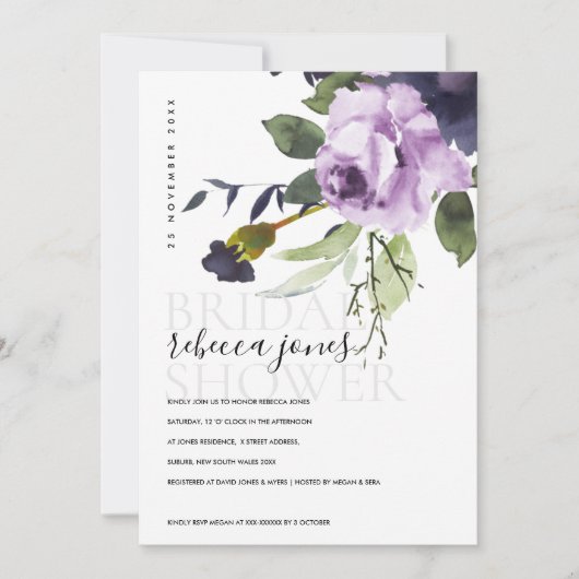 薄紫パープルバラ牡丹フローラ束ブライダルシャワー 案内状 (正面)