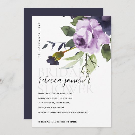 薄紫パープルバラ牡丹フローラ束ブライダルシャワー 案内状 (正面/裏面)