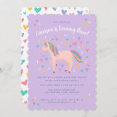薄紫パープルパステルレインボーユニコーンバースデーパーティー 招待状 (正面/裏面)