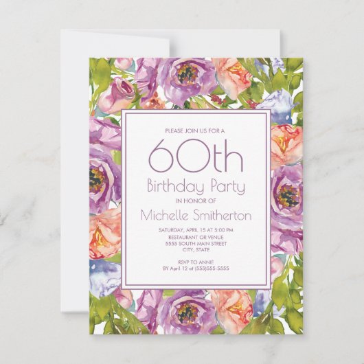 薄紫パープルピンクフローラ60誕生日女性 招待状 (正面)