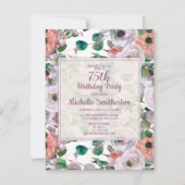 薄紫パープルピンク水彩フローラ75誕生日 招待状 (正面)