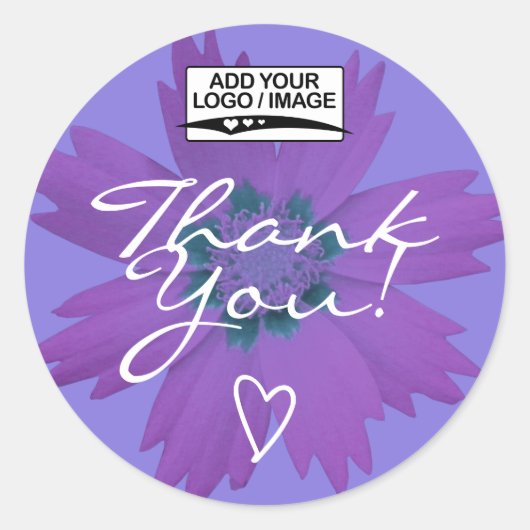 薄紫パープルフラワーサンキューラベルロゴテンプレート ラウンドシール (正面)