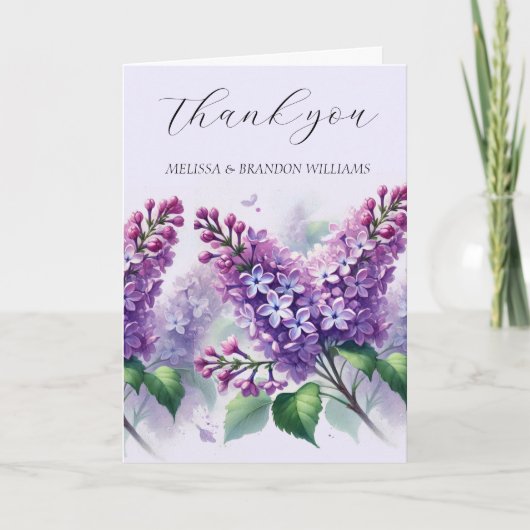 薄紫パープルフローラエレガントな結婚式ありがとう サンキューカード (正面)
