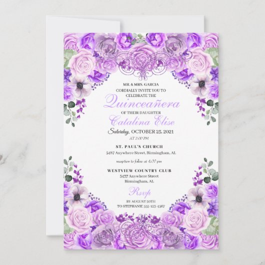 薄紫パープルフローラキンセアニェラ誕生日 招待状 (正面)
