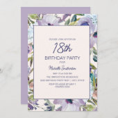 薄紫パープルフローラグリーンリー18誕生日 招待状 (正面/裏面)