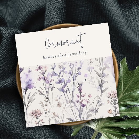 薄紫パープルフローラスクリプトイヤリングスタッドホルダー スクエア名刺