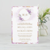 薄紫パープルフローラ金ゴールド大理石オールインワン結婚ズ 招待状 (スタンド正面)