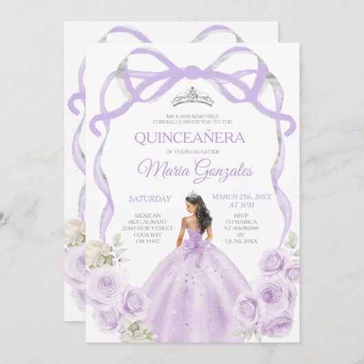 薄紫パープルボウプリンセスシルバークラウンキンセアニラ 招待状 (正面/裏面)