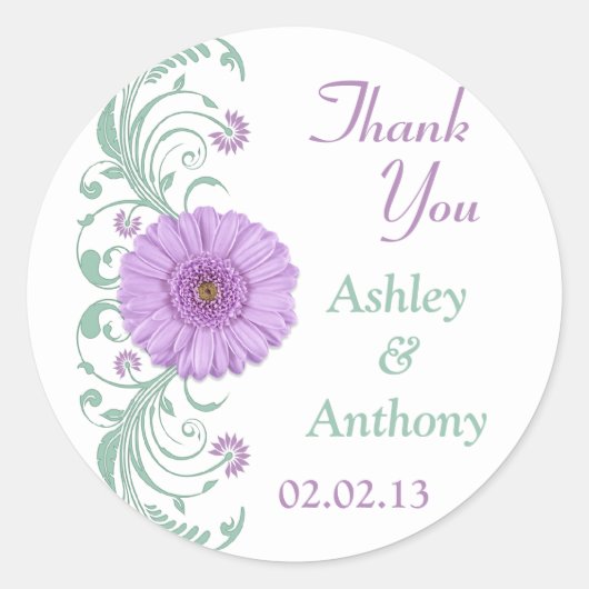 薄紫パープルミントフローラ結婚の感謝のお願い ラウンドシール (正面)