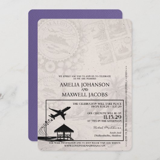薄紫パープルモルディブ結婚パスポート 招待状 (正面/裏面)