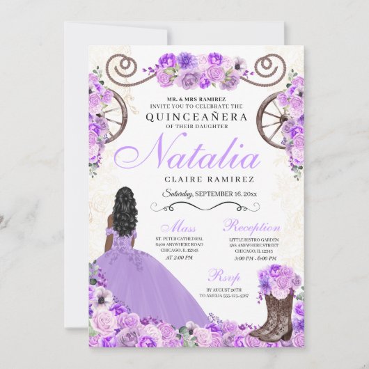 薄紫パープルランチェロプリンセスドレスキンセアニェラ 招待状 (正面)