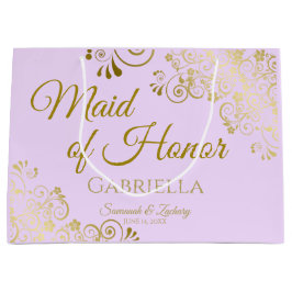 薄紫パープル金ゴールドレースメイド・オブ・オーナー（花嫁付き添い人）シ結婚ック ラージペーパーバッグ