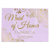 薄紫パープル金ゴールドレースメイド・オブ・オーナー（花嫁付き添い人）シ結婚ック ラージペーパーバッグ (裏面)