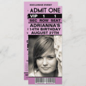 薄紫パープルVIPフォトチケット誕生パーティー 招待状 (正面/裏面)