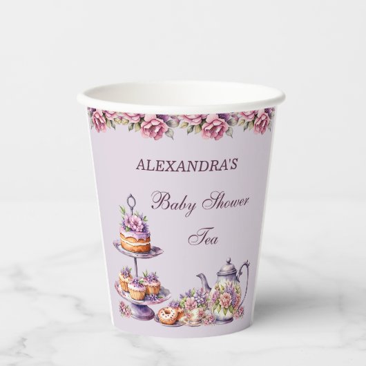 薄紫ピンクのフローラティーパーティー赤ちゃんシャワー 紙コップ (正面)