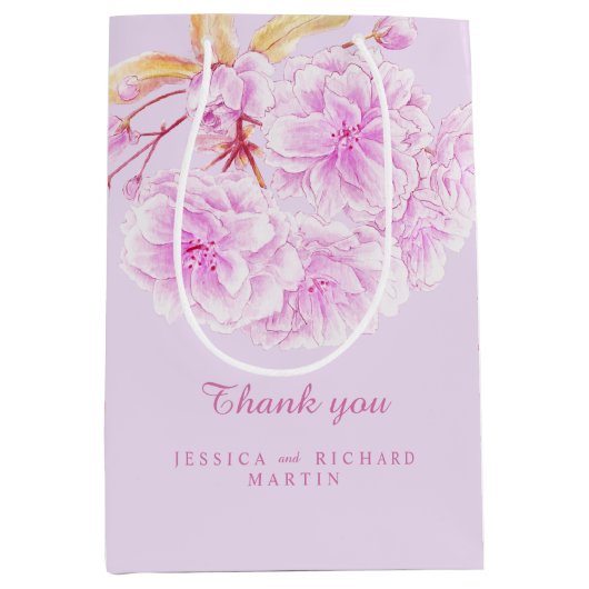 薄紫ピンクの花結婚の芸術感謝していあなた ミディアムペーパーバッグ (正面)