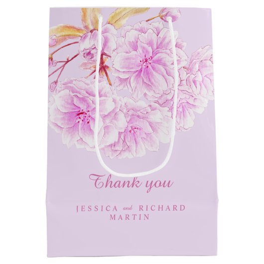 薄紫ピンクの花結婚の芸術感謝していあなた ミディアムペーパーバッグ (裏面)